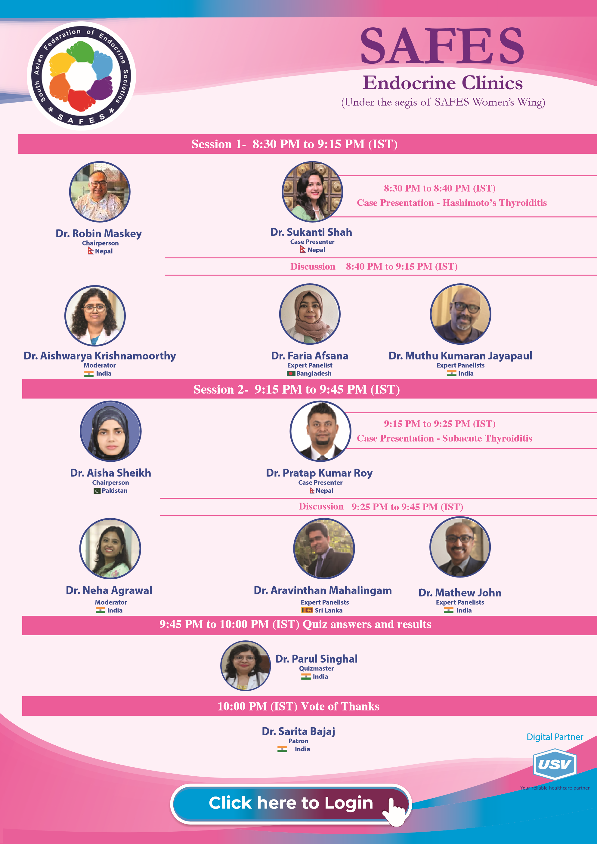 SAFES Endocrine Clinics: Thyroiditis — Flyer Page 2 (Scientific Sessions 1 & 2, Panelists, Quiz & Thanks)