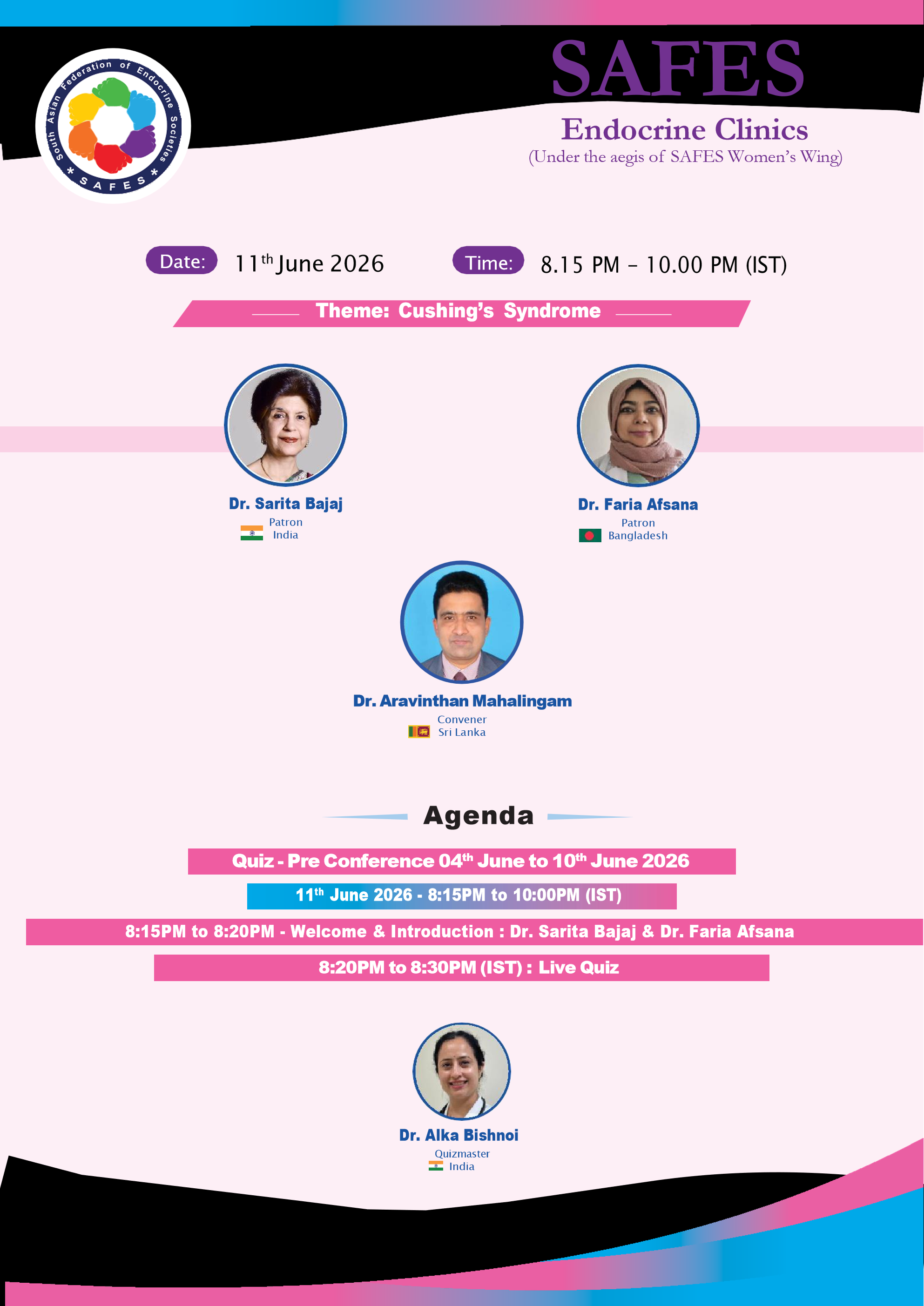 SAFES Endocrine Clinics: Cushing’s Syndrome — Flyer Page 1 (Date, Theme, Patrons, Convener, Agenda)