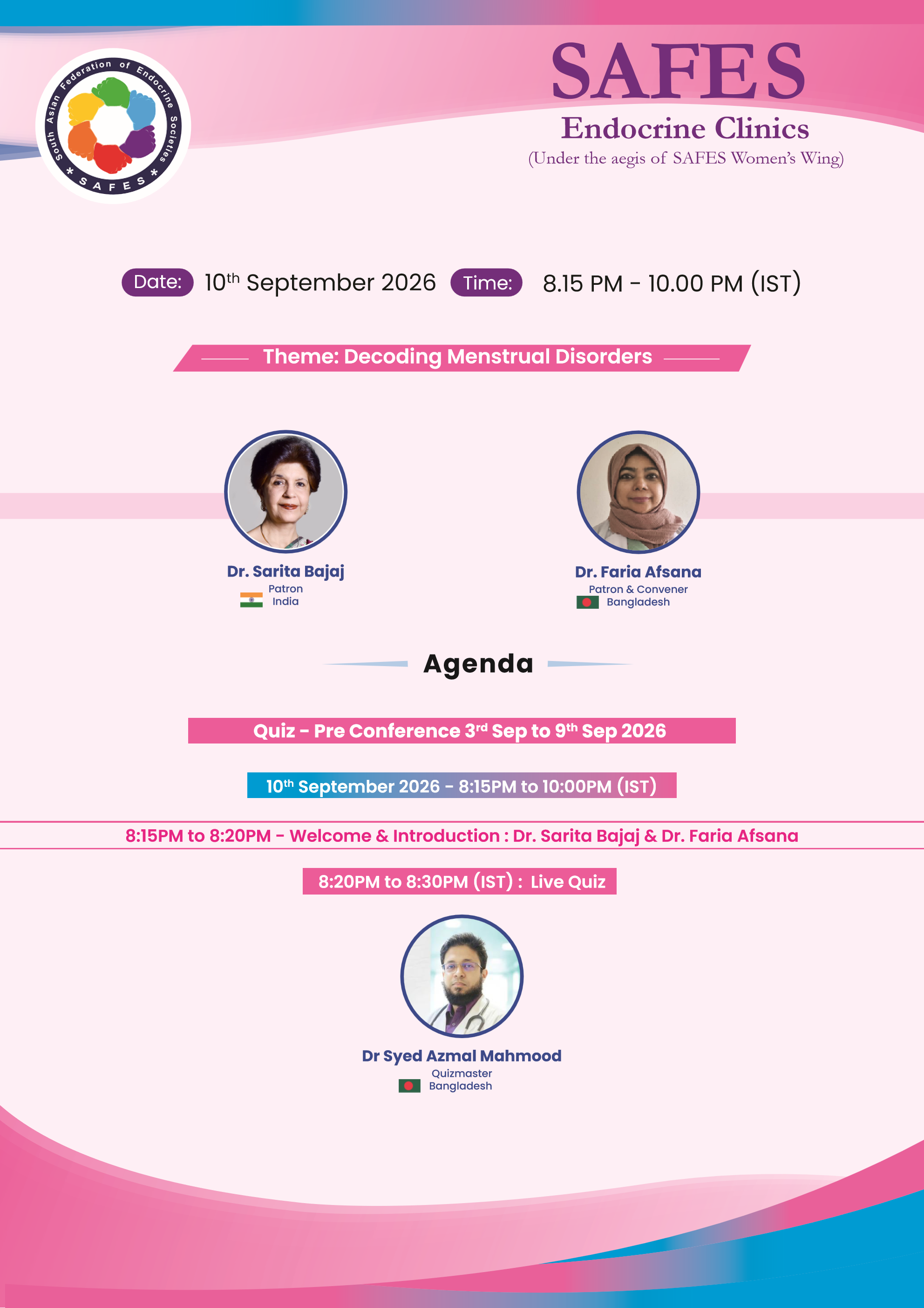 SAFES Endocrine Clinics: Decoding Menstrual Disorders — Flyer Page 1 (Date, Theme, Patrons, Convener, Agenda)