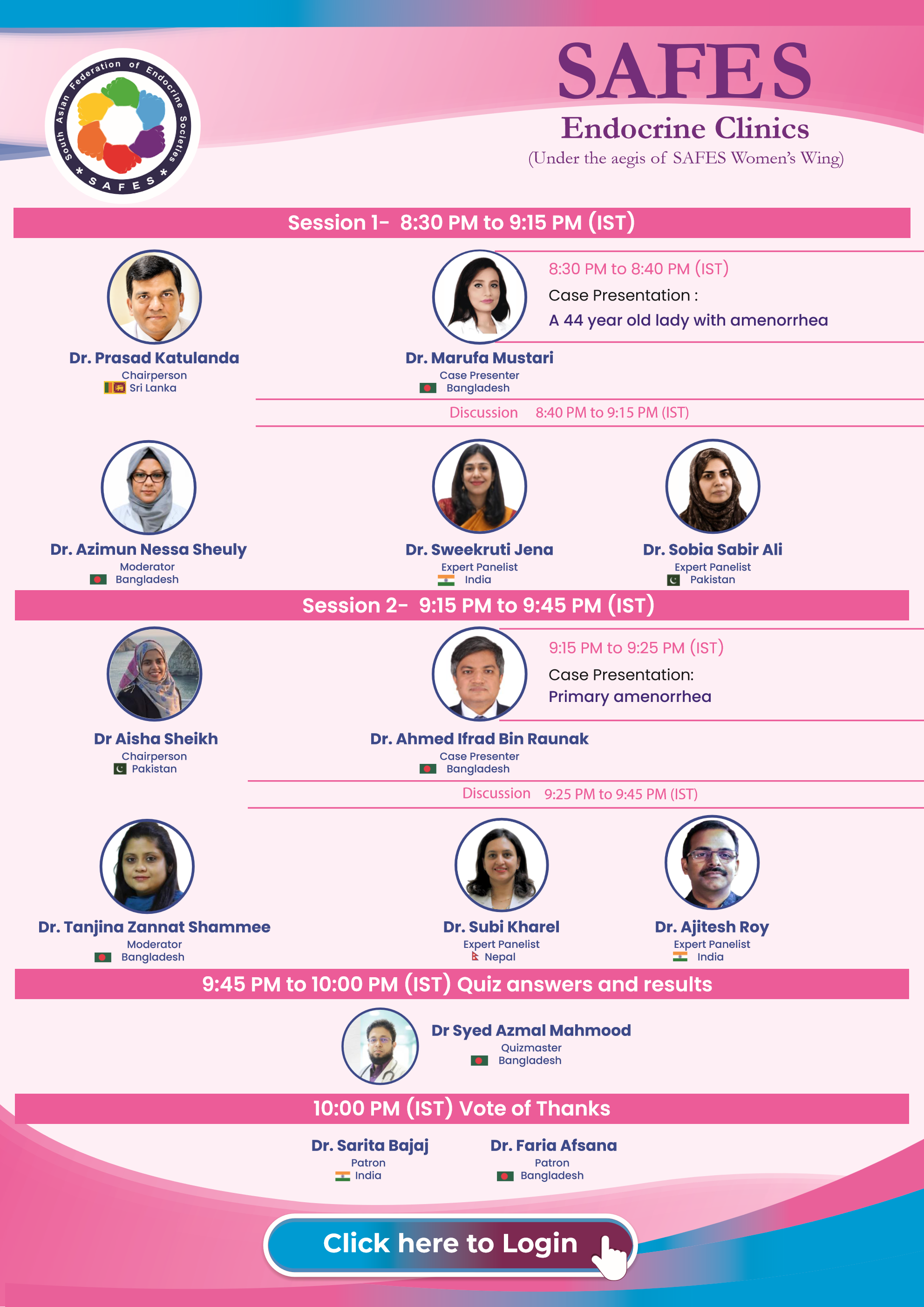 SAFES Endocrine Clinics: Decoding Menstrual Disorders — Flyer Page 2 (Scientific Sessions 1 & 2, Panelists, Quiz & Thanks)